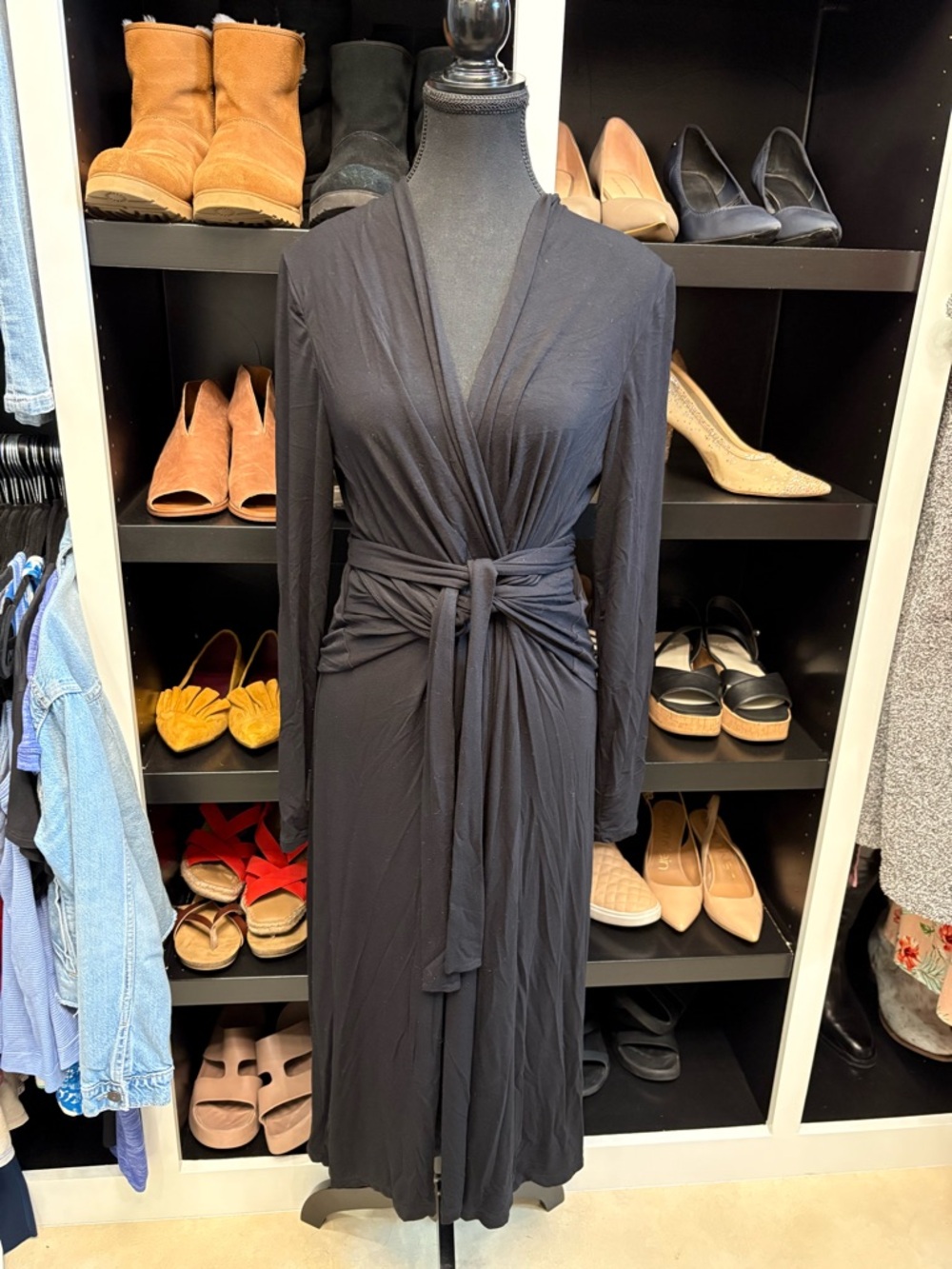 CAbi Black Long-Sleeve Wrap Dress with Self-Tie Waist